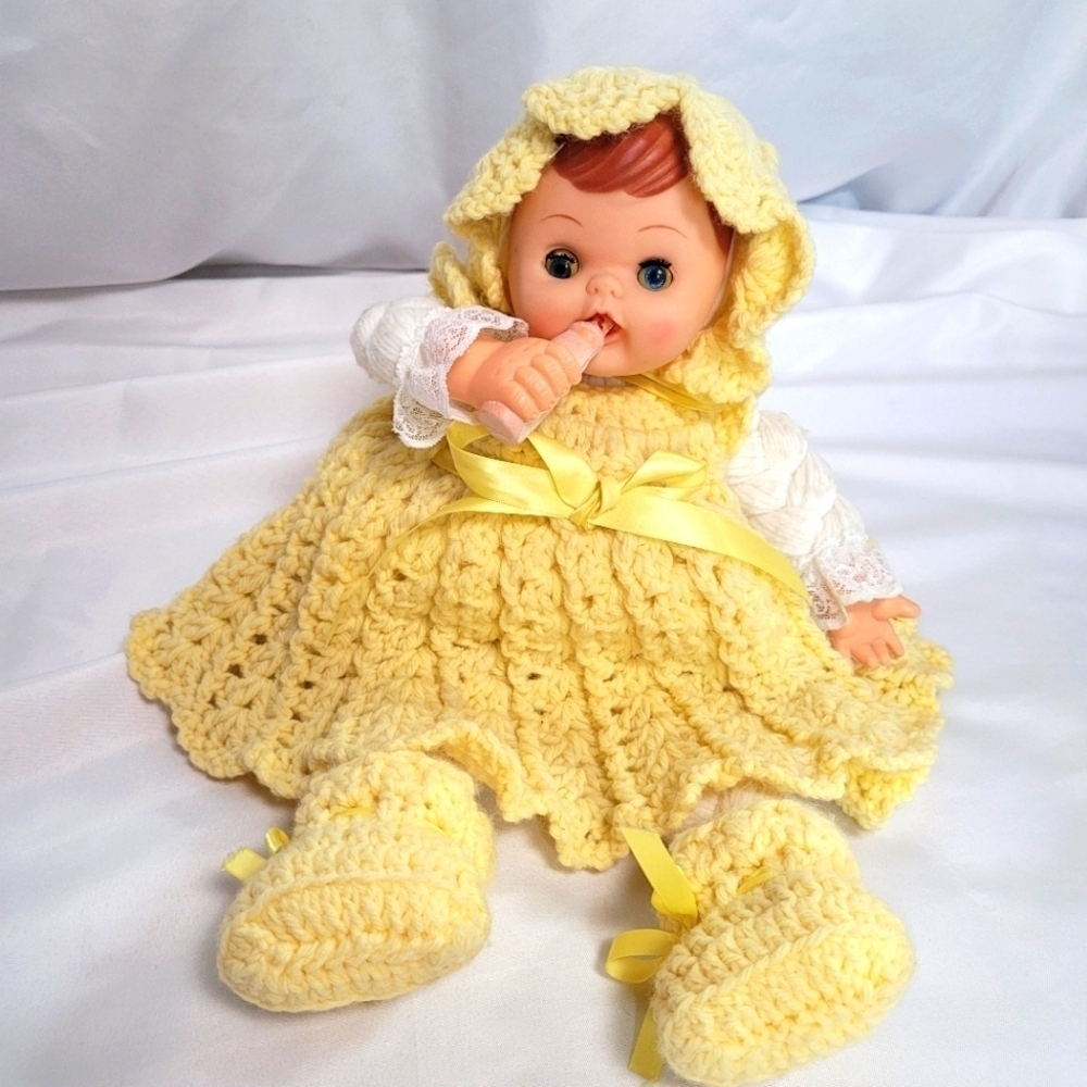 VTG Handmade Crocheted Yarn Baby Doll 16"